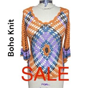 🚨SALE: Crochet 3/4 Sleeve Top Sz S/M Orange Purple Brown 70’s 80’s Boho knit